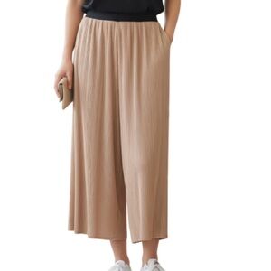 ZARA Plisse Culottes Tan Nude Wide Leg Crop Contrast Black Elastic Waistband S